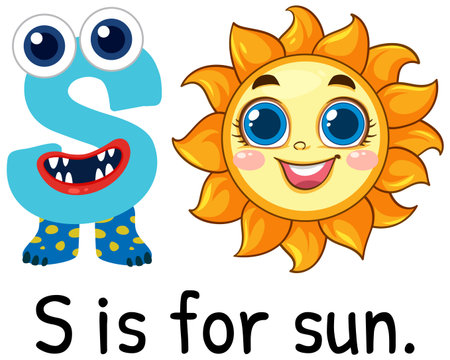 Colorful vector illustration of the letter S with a smiling sun character. Bright, playful design ideal for educational materialsのイラスト素材