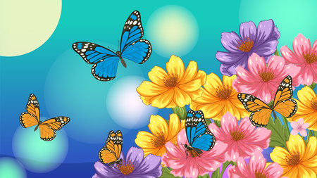 Colorful butterflies flutter among vivid flowers with a gradient background, showcasing detailed vector illustration techniquesのイラスト素材