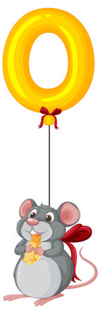 A cute mouse holding cheese, tied to a golden balloon. Bright colors and playful composition enhance the whimsical styleのイラスト素材