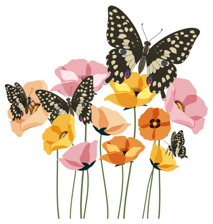 Vector illustration of butterflies resting on colorful flowers. Bold colors and detailed patterns create a lively, natural sceneのイラスト素材