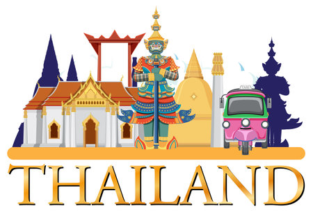 Colorful vector illustration of iconic Thai landmarks and cultural symbols with vibrant colors and detailed compositionのイラスト素材