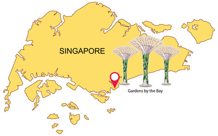 Vector map of Singapore highlighting Gardens by the Bay with iconic Supertrees. Simple color palette and clear compositionのイラスト素材