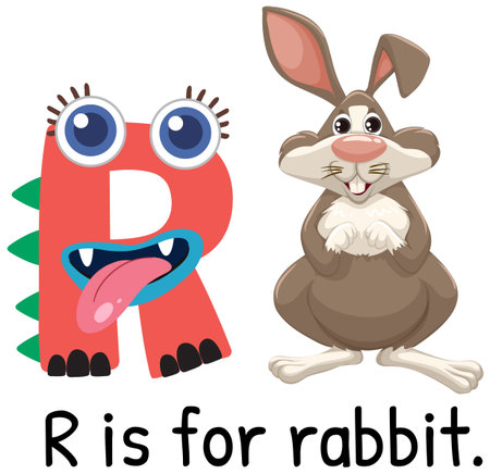 Colorful vector illustration of the letter R and a cartoon rabbit. Bold, playful design with vibrant colors and whimsical styleのイラスト素材