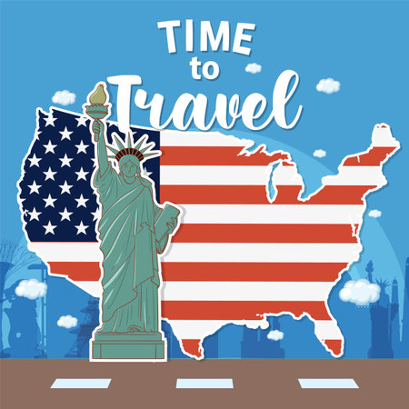 Vector illustration of the Statue of Liberty and USA map with flag colors, emphasizing travel and patriotismのイラスト素材