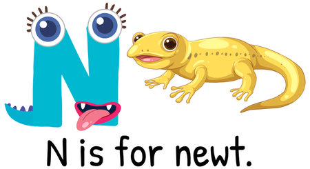 Playful vector illustration of the letter N and a cartoon newt. Bright colors and whimsical design enhance educational appealのイラスト素材