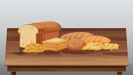 Vector illustration of various bread types arranged on a wooden table. Warm tones and realistic textures enhance the compositionのイラスト素材