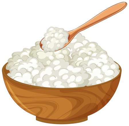 Vector illustration of a wooden bowl filled with cottage cheese, accompanied by a wooden spoon. Clean, flat design with soft, neutral colorsのイラスト素材