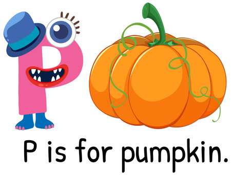 Colorful vector illustration of the letter P and a pumpkin. Whimsical design with vibrant colors and playful character elementsのイラスト素材