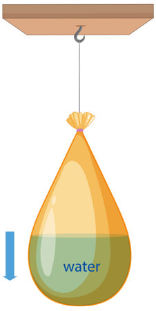 Vector illustration of a water-filled balloon suspended from a ceiling hook, showcasing gravity and tension forcesのイラスト素材