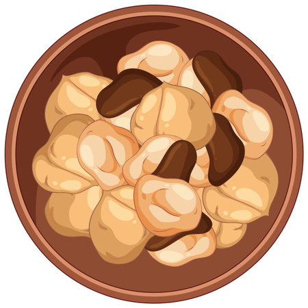 Top-down view of a brown bowl filled with roasted cashew nuts, rendered in flat vector style with warm, natural colors and clean outlinesのイラスト素材