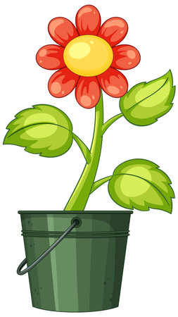 Colorful vector illustration of a red flower with green leaves in a metal pot. Simple, bright, and cheerful designのイラスト素材