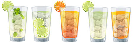 Vector illustration of five colorful citrus cocktails in glasses with ice cubes and garnishes, showcasing vibrant colors and realistic detailsのイラスト素材