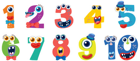 Playful numbers with monster faces, vibrant colors, and whimsical expressions. Ideal for children's educational materials and creative projectsのイラスト素材