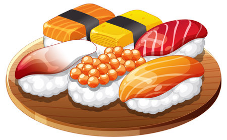 A vibrant assortment of sushi on a wooden plateのイラスト素材