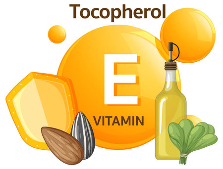 Vector illustration of vitamin E sources including sunflower seeds, almonds, spinach, and oil, with bold flat design and bright color paletteのイラスト素材