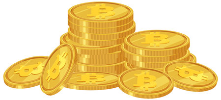 Golden Bitcoin coins stacked in a digital illustrationのイラスト素材