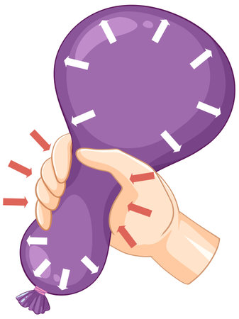 Illustration of a hand squeezing a purple stress ball shaped like a clock. Vibrant colors and dynamic compositionのイラスト素材