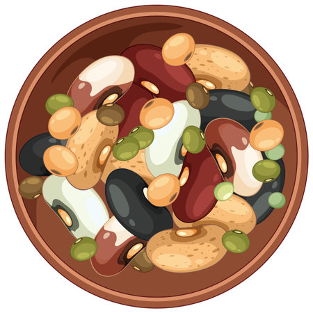 Colorful vector illustration of various beans in a round wooden bowl, rendered in flat design with clean lines and earthy color paletteのイラスト素材