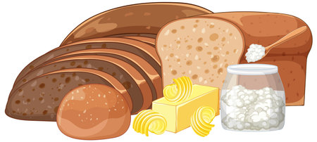 Vector illustration of sliced whole wheat bread, butter curls, and a jar of cottage cheese in a clean, flat design styleのイラスト素材