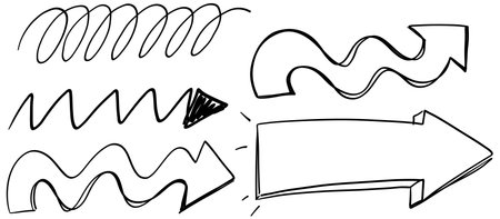 Hand-drawn arrows in various styles and directions, featuring bold lines and playful curves in a monochrome paletteのイラスト素材