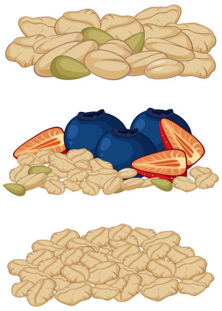 Three separate granola piles, one with nuts, one with blueberries and strawberries, and one plain, rendered in clean, flat vector styleのイラスト素材
