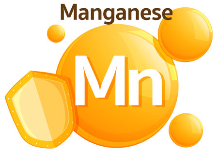 Bright vector illustration of manganese vitamin symbol with bold Mn lettering, orange bubbles, and a stylized shield, using flat design elementsのイラスト素材