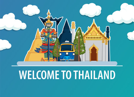 Colorful vector illustration of iconic Thai landmarks and a tuk-tuk. Features vibrant colors and clean lines against a gradient skyのイラスト素材