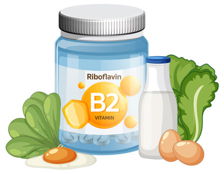 Vector illustration of a riboflavin (B2) supplement bottle surrounded by eggs, milk, spinach, and leafy greens in a clean, flat styleのイラスト素材