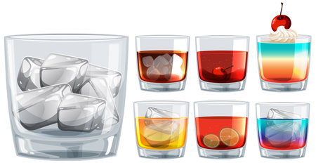 Vector illustration of various cocktail glasses filled with vibrant drinks, ice cubes, and garnishes, showcasing a modern styleのイラスト素材