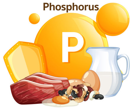 Colorful flat design vector shows phosphorus sources including cheese, meat, eggs, beans, and milk with bold icon and clean compositionのイラスト素材