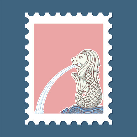 Vector illustration of a mythical creature fountain on a postage stamp. Features pastel colors and detailed line workのイラスト素材