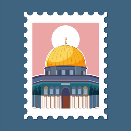 Vector illustration of a golden dome on a postage stamp. Features vibrant colors and clean lines with a symmetrical compositionのイラスト素材
