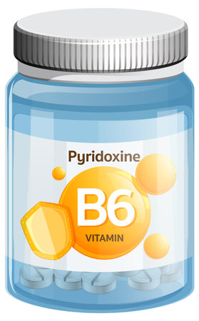 Transparent plastic bottle with metallic cap containing white tablets, labeled Pyridoxine B6, rendered in clean, flat vector style with bright colorsのイラスト素材