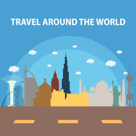 Colorful vector illustration of iconic global landmarks against a blue sky, featuring a modern flat design styleのイラスト素材