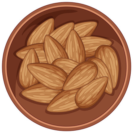 Vector illustration of whole almonds in a round brown ceramic bowl, flat design style with earthy tones and top-down compositionのイラスト素材
