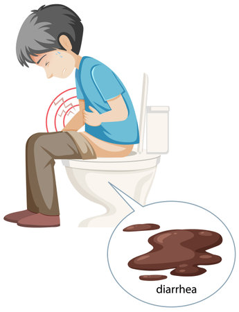 Vector illustration of a man on a toilet with stomach pain. Includes a close-up of diarrhea for educational purposesのイラスト素材
