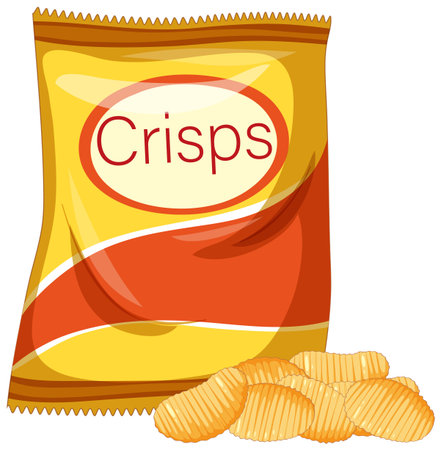 Vector illustration of a yellow and orange potato crisps bag with ridged chips, flat design, bold colors, and simple compositionのイラスト素材