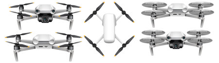 Detailed vector illustration of quadcopters in various angles, showcasing sleek design and advanced technology with a clean, minimalistic styleのイラスト素材
