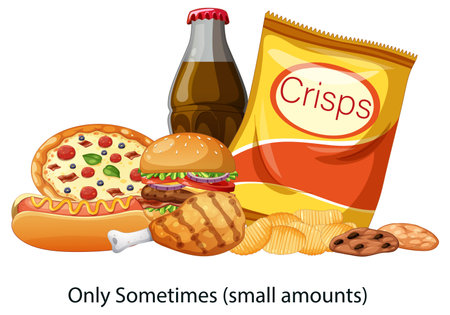 Colorful vector illustration of pizza, burger, fried chicken, hot dog, crisps, cookies, and soda in a flat, cartoon style compositionのイラスト素材