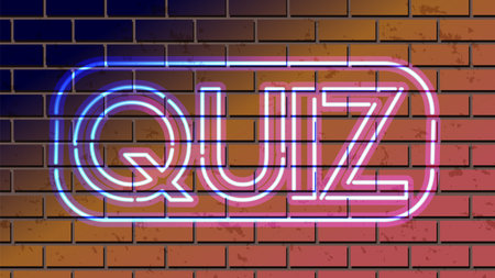 Bright neon sign spelling 'QUIZ' against a textured brick wall. Vibrant colors and retro style create a dynamic visual effectのイラスト素材