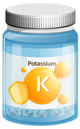 Vector illustration of a transparent plastic bottle containing potassium tablets, labeled with chemical symbol K, in a clean, modern flat design styleのイラスト素材