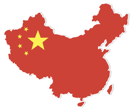 Vector illustration of China's map in red with yellow stars. Simple design, bold colors, suitable for educational and commercial useのイラスト素材
