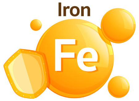 Vector illustration of iron vitamin symbol with bold Fe lettering, orange glossy spheres, and a protective shield in flat modern styleのイラスト素材