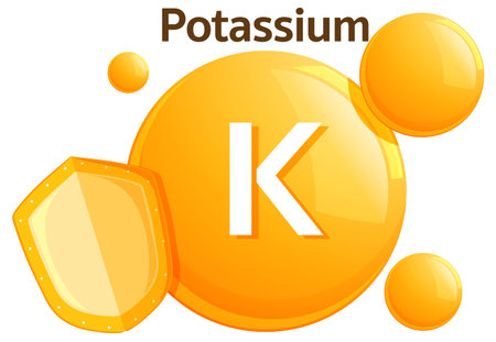 Bright vector illustration of potassium vitamin symbol with bold letter K, glossy orange circles, and shield element in flat designのイラスト素材