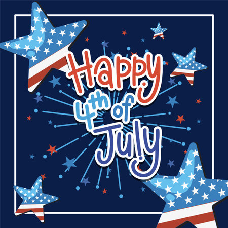 Festive illustration with stars and fireworks in red, white, and blue. Bold typography celebrates Independence Dayのイラスト素材