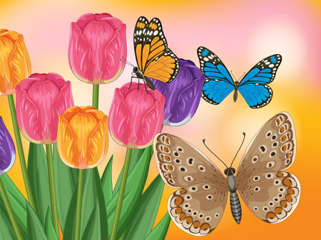 Colorful butterflies flutter around vivid tulips against a warm gradient background, capturing the essence of springのイラスト素材