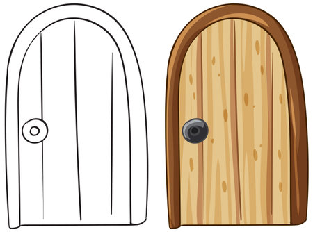A detailed vector illustration of a wooden door, showcasing both outline and colored versions with a rustic designのイラスト素材