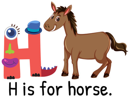 Playful vector illustration of the letter H with a cartoon horse, vibrant colors, and whimsical design elementsのイラスト素材