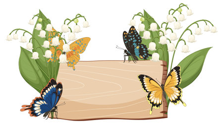 Colorful butterflies rest on a wooden sign surrounded by lily of the valley flowers, creating a serene nature sceneのイラスト素材