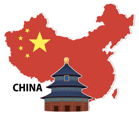 Vector illustration of China map with Temple of Heaven. Red and yellow color scheme, simple composition, cultural representationのイラスト素材